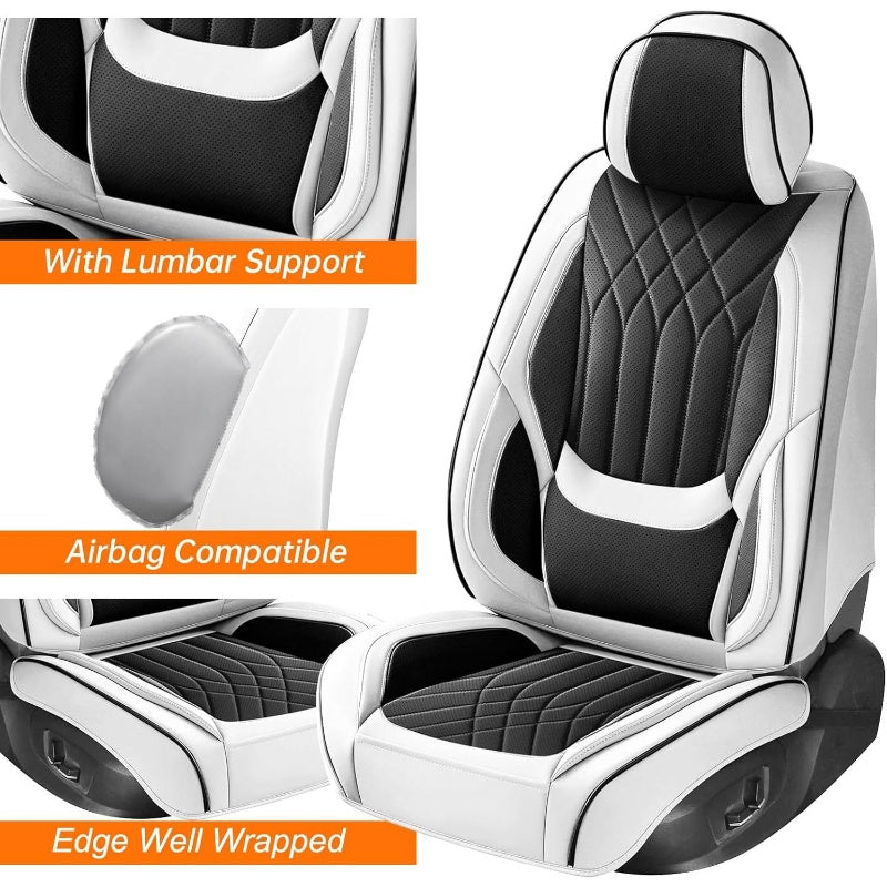 Luxury Leather Car Covers Front Seats | Black White, Lumbar Support, Universal Fit for Most Trucks, Pick-ups, SUVs, Chemical Fiber Material, Non- Fabric
