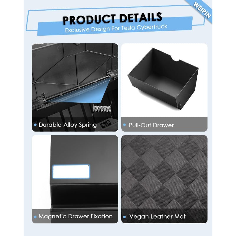 Compatible for Tesla Cybertruck Floor Console Organizer - Push-to-Open 2-in-1 Car Trash Can & Storage Drawer with Vegan Leather Waterproof Compatible for tesla cybertruck 2024-2025, Easy Install, ic Lock, Non-Slip Mats, Interior Accessory