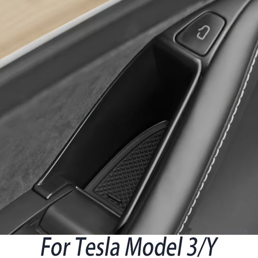 2pcs Front Door Storage Box for Tesla Model 3 & Y 2017-2021 - Heavy-Duty ABS Armrest & Phone Holder Organizer with Adjustable Handle, Ergonomic Design