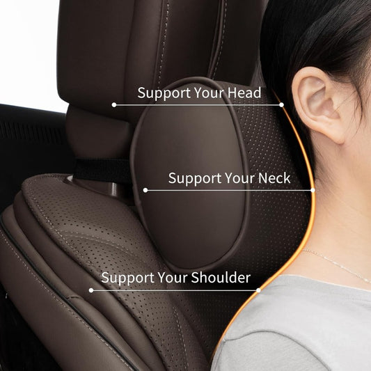 Car Headrest Pillow for Driving Luxury Faux Leather 100% Memory Foam Ergonomic Neck port Universal Fit Head Rest Travel Pillow for Most Cars Home and Office Brown 2 Pack, Car Neck Pillow, Head Support for Car Seat, Head Rest Masks for The Car