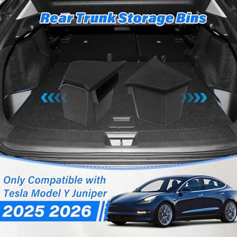 2pcs Trunk Storage Bins for 2025-2026 for TESLA Model Y | Juniper 5-Seater Large-Capacity Rear Side Storage Boxes with Carpeted Lid for Model Y Interior Accessories