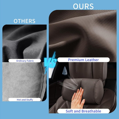 Car Headrest Pillow for Driving Luxury Faux Leather 100% Memory Foam Ergonomic Neck port Universal Fit Head Rest Travel Pillow for Most Cars Home and Office Brown 2 Pack, Car Neck Pillow, Head Support for Car Seat, Head Rest Masks for The Car