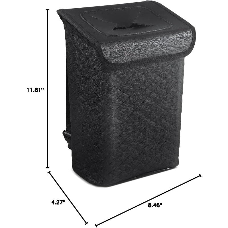2 Gallon Heavy-Duty PU Leather Car Trash Can with Lid & Removable Waterproof Liner - Leakproof Auto Garbage Bin with Hanging System, Adjustable Strap & -Slip Base for SUV, Truck, Travel, Camping