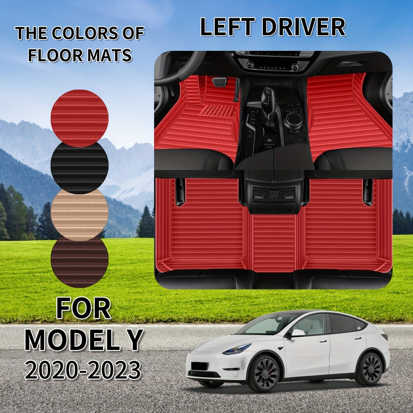 For Tesla Model Y 2020-2023 Horizontal Car Floor Mat, Made of Luxurious Faux Leather, Is an Interior Accessory for Car Floor Mats. It Is Suitable for Left-Hand Drive Vehicles, Easy to Clean, And Durable