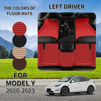 For Tesla Model Y 2020-2023 Horizontal Car Floor Mat, Made of Luxurious Faux Leather, Is an Interior Accessory for Car Floor Mats. It Is Suitable for Left-Hand Drive Vehicles, Easy to Clean, And Durable