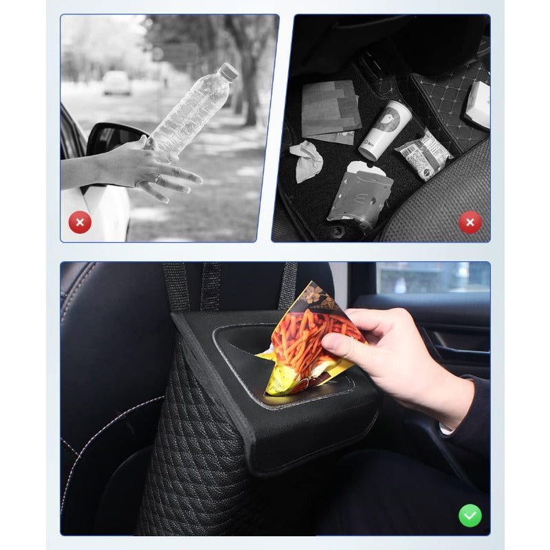 2 Gallon Heavy-Duty PU Leather Car Trash Can with Lid & Removable Waterproof Liner - Leakproof Auto Garbage Bin with Hanging System, Adjustable Strap & -Slip Base for SUV, Truck, Travel, Camping