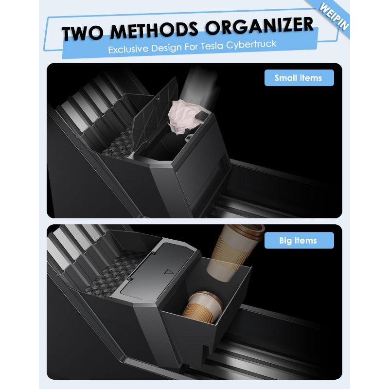 Compatible for Tesla Cybertruck Floor Console Organizer - Push-to-Open 2-in-1 Car Trash Can & Storage Drawer with Vegan Leather Waterproof Compatible for tesla cybertruck 2024-2025, Easy Install, ic Lock, Non-Slip Mats, Interior Accessory