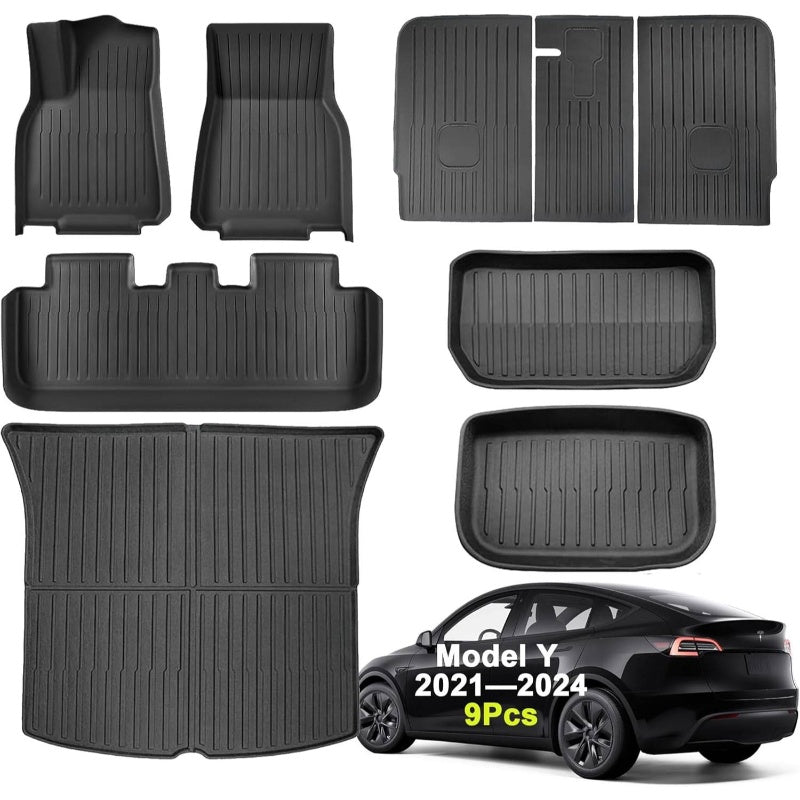 9pcs Model Y Floor Mats 2021-2024 | Fit All-Weather TPE Material Full Coverage with Back Protector, Cargo, Trunk Interior Accessories