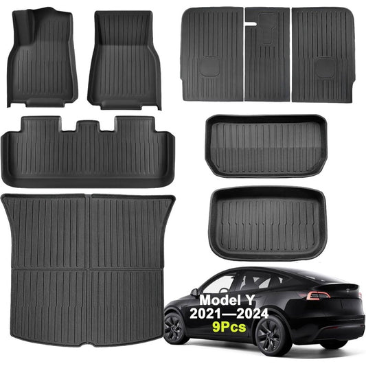 9pcs Model Y Floor Mats 2021-2024 | Fit All-Weather TPE Material Full Coverage with Back Protector, Cargo, Trunk Interior Accessories