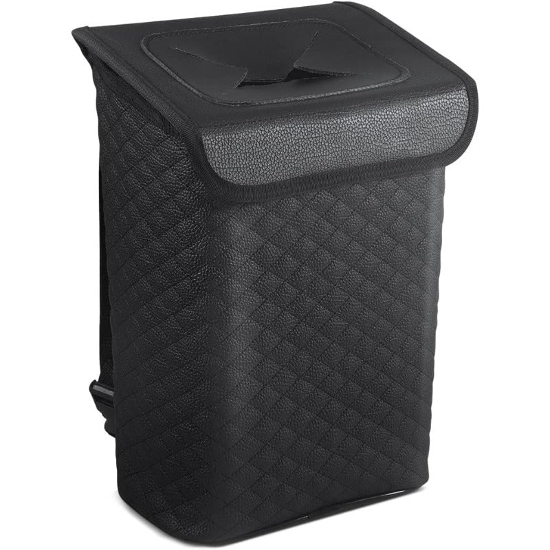 2 Gallon Heavy-Duty PU Leather Car Trash Can with Lid & Removable Waterproof Liner - Leakproof Auto Garbage Bin with Hanging System, Adjustable Strap & -Slip Base for SUV, Truck, Travel, Camping