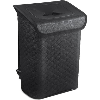 2 Gallon Heavy-Duty PU Leather Car Trash Can with Lid & Removable Waterproof Liner - Leakproof Auto Garbage Bin with Hanging System, Adjustable Strap & -Slip Base for SUV, Truck, Travel, Camping