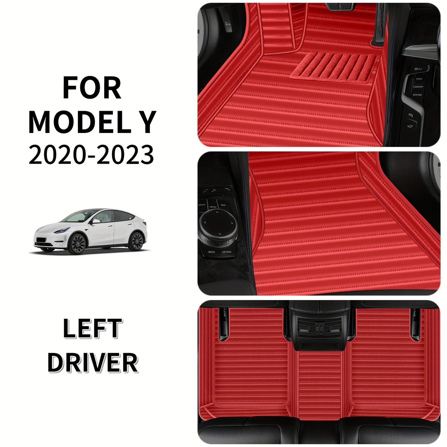 For Tesla Model Y 2020-2023 Horizontal Car Floor Mat, Made of Luxurious Faux Leather, Is an Interior Accessory for Car Floor Mats. It Is Suitable for Left-Hand Drive Vehicles, Easy to Clean, And Durable