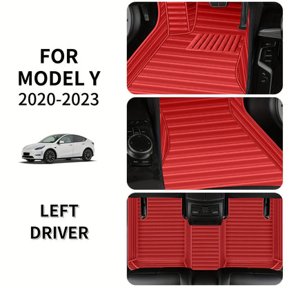 For Tesla Model Y 2020-2023 Horizontal Car Floor Mat, Made of Luxurious Faux Leather, Is an Interior Accessory for Car Floor Mats. It Is Suitable for Left-Hand Drive Vehicles, Easy to Clean, And Durable