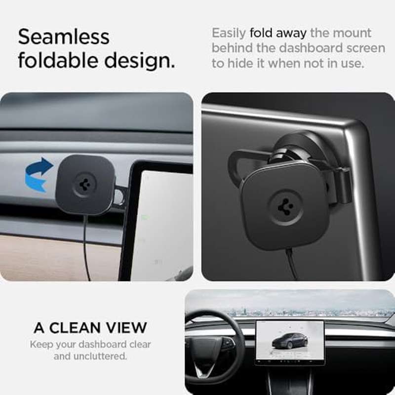 Spigen OneTap Pro 3 for TESLA Phone Mount | Foldable and Hidden, Charging Compatible for All for TESLA Model Y, 3, S, X, Cybertruck - Designed for MagSafe Compatible iPhones, Pixel, Galaxy Phones, Made of ABS Material