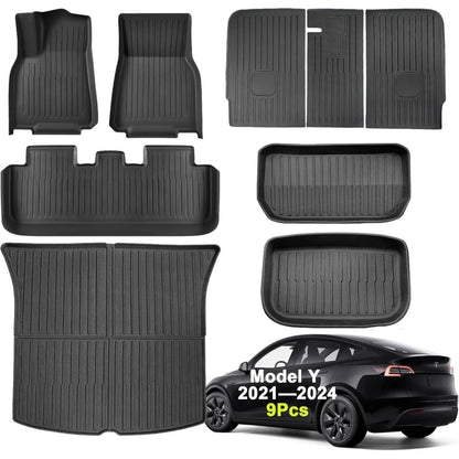 9pcs Model Y Floor Mats 2021-2024 | Fit All-Weather TPE Material Full Coverage with Back Protector, Cargo, Trunk Interior Accessories