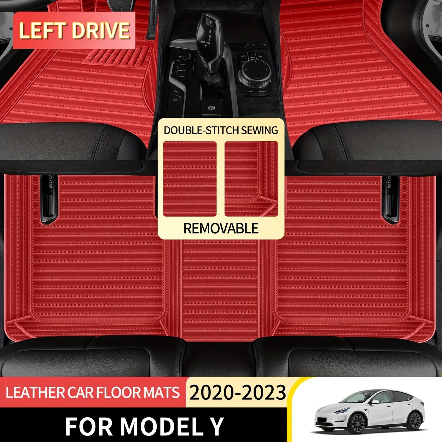 For Tesla Model Y 2020-2023 Horizontal Car Floor Mat, Made of Luxurious Faux Leather, Is an Interior Accessory for Car Floor Mats. It Is Suitable for Left-Hand Drive Vehicles, Easy to Clean, And Durable