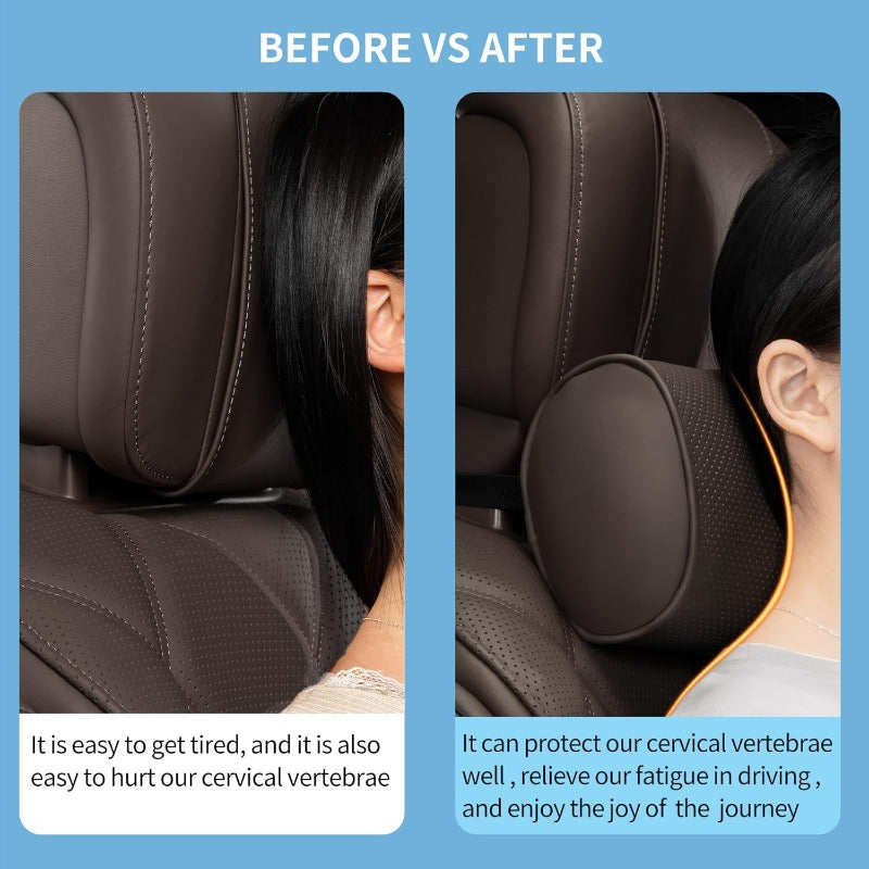 Car Headrest Pillow for Driving Luxury Faux Leather 100% Memory Foam Ergonomic Neck port Universal Fit Head Rest Travel Pillow for Most Cars Home and Office Brown 2 Pack, Car Neck Pillow, Head Support for Car Seat, Head Rest Masks for The Car