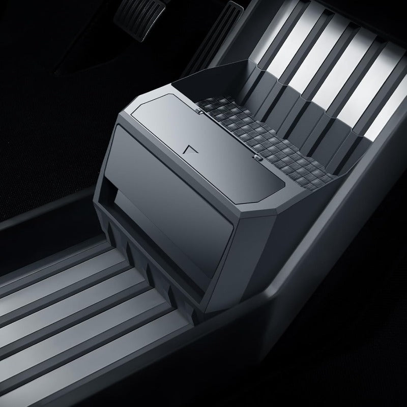 Compatible for Tesla Cybertruck Floor Console Organizer - Push-to-Open 2-in-1 Car Trash Can & Storage Drawer with Vegan Leather Waterproof Compatible for tesla cybertruck 2024-2025, Easy Install, ic Lock, Non-Slip Mats, Interior Accessory