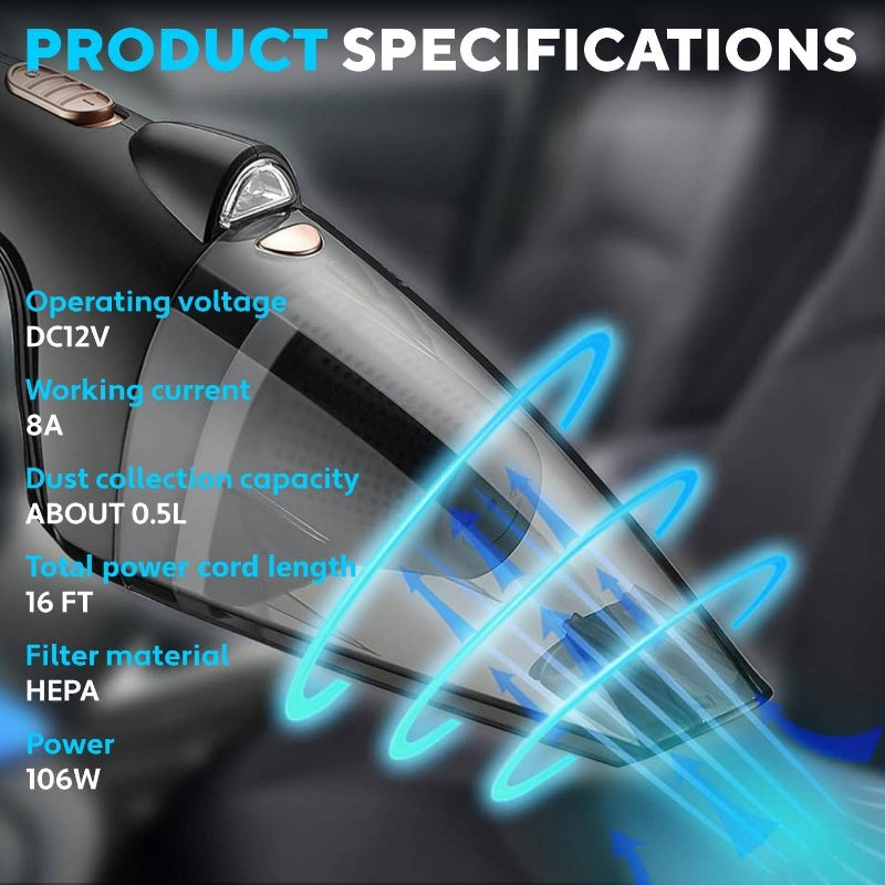 Car Vacuum Cleaner - Corded Handheld 4500 Pa Portable Powerful Small Hand Held Vacuum with 16ft Cord Lighter, LED Light Car Interior, Vehicle Cleaning, Auto Detailing, Compact Design, Highpower Motor, Auto Enthusiasts, Professional Detailers