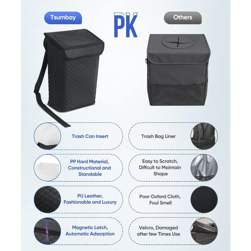 2 Gallon Heavy-Duty PU Leather Car Trash Can with Lid & Removable Waterproof Liner - Leakproof Auto Garbage Bin with Hanging System, Adjustable Strap & -Slip Base for SUV, Truck, Travel, Camping