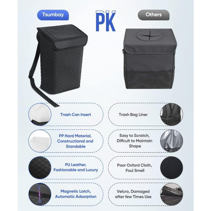 2 Gallon Heavy-Duty PU Leather Car Trash Can with Lid & Removable Waterproof Liner - Leakproof Auto Garbage Bin with Hanging System, Adjustable Strap & -Slip Base for SUV, Truck, Travel, Camping