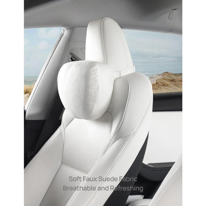 Set of 2 TPARTS Headrest Neck Pillow for Tesla Model 3\X\S | Soft Faux Suede Fabric Car Neck Support Pillow Cushion for Traveling, Filled with Dupont Sorona Fiber - White