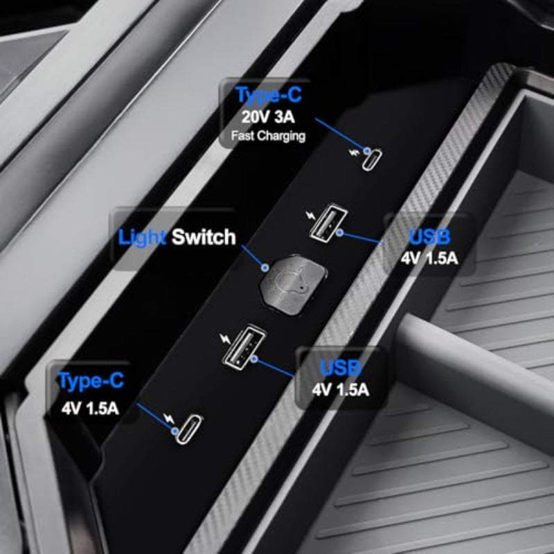 for Tesla Cybertruck Center Console with USB Hub (4-Port Charging: 2 USB-\2 USB-C, 60W Fast Charging), ic & Adjustable, ABS Storage Box - Compatible for Tesla Cybertruck 2024\2025\2026 Models