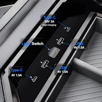 for Tesla Cybertruck Center Console with USB Hub (4-Port Charging: 2 USB-\2 USB-C, 60W Fast Charging), ic & Adjustable, ABS Storage Box - Compatible for Tesla Cybertruck 2024\2025\2026 Models