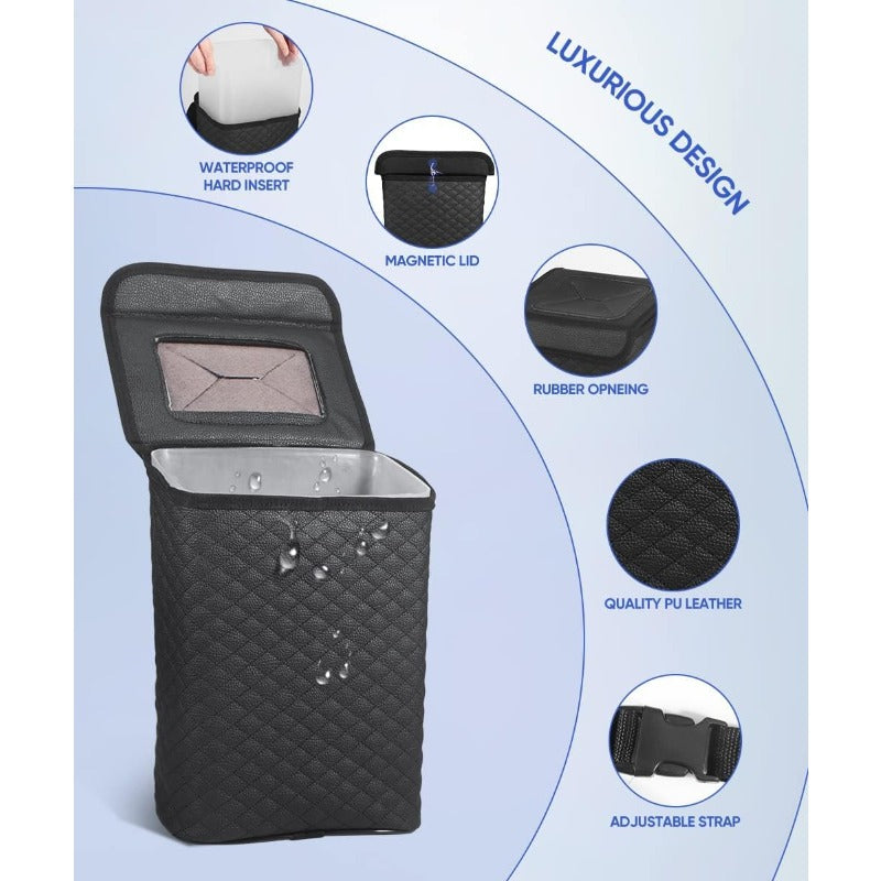 2 Gallon Heavy-Duty PU Leather Car Trash Can with Lid & Removable Waterproof Liner - Leakproof Auto Garbage Bin with Hanging System, Adjustable Strap & -Slip Base for SUV, Truck, Travel, Camping