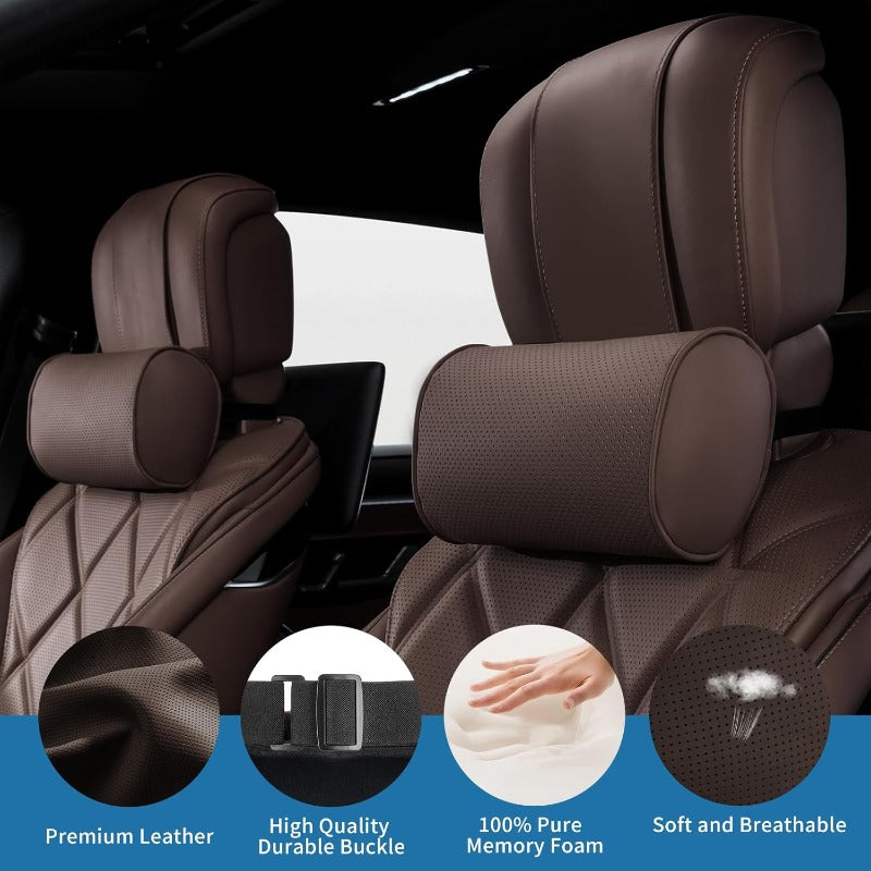 Car Headrest Pillow for Driving Luxury Faux Leather 100% Memory Foam Ergonomic Neck port Universal Fit Head Rest Travel Pillow for Most Cars Home and Office Brown 2 Pack, Car Neck Pillow, Head Support for Car Seat, Head Rest Masks for The Car
