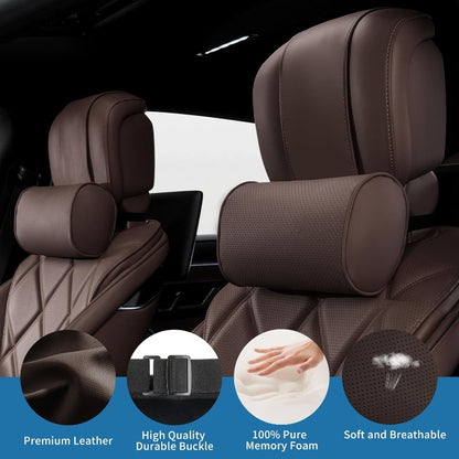 Car Headrest Pillow for Driving Luxury Faux Leather 100% Memory Foam Ergonomic Neck port Universal Fit Head Rest Travel Pillow for Most Cars Home and Office Brown 2 Pack, Car Neck Pillow, Head Support for Car Seat, Head Rest Masks for The Car