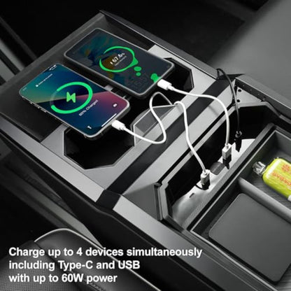 for Tesla Cybertruck Center Console with USB Hub (4-Port Charging: 2 USB-\2 USB-C, 60W Fast Charging), ic & Adjustable, ABS Storage Box - Compatible for Tesla Cybertruck 2024\2025\2026 Models