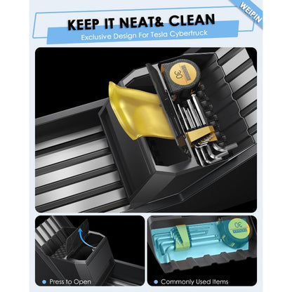 Compatible for Tesla Cybertruck Floor Console Organizer - Push-to-Open 2-in-1 Car Trash Can & Storage Drawer with Vegan Leather Waterproof Compatible for tesla cybertruck 2024-2025, Easy Install, ic Lock, Non-Slip Mats, Interior Accessory